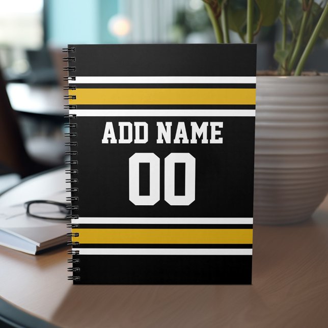 Black Gold Football Jersey Custom Name Number Notebook (Personalized notebook with Sports Jersey Football Design - Custom Name and Other Text)