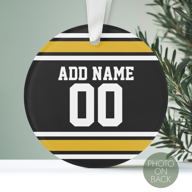 Black Gold Football Jersey Custom Name Number Ornament (Personalized Photo Ornament with a Sports Jersey Design)