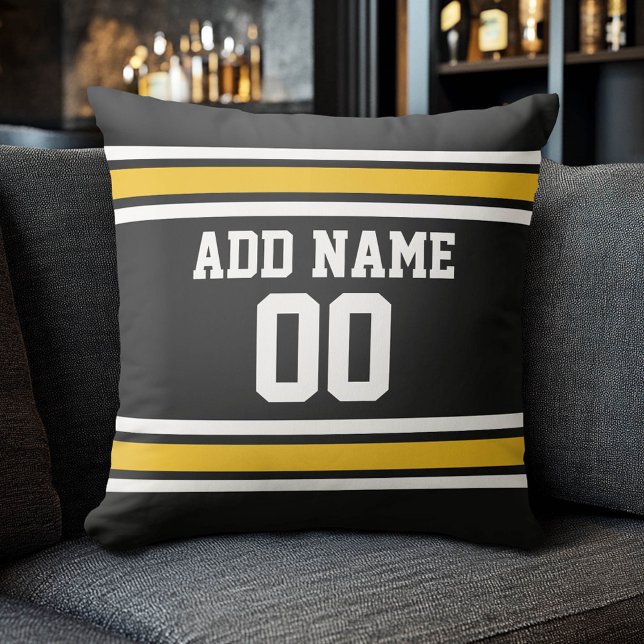 Black Gold Football Jersey Custom Name Number Throw Pillow (Custom Sports Pillow for a Man Cave)
