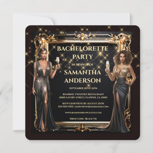 Black gold formal girls weekend away bachelorette invitation (Front)