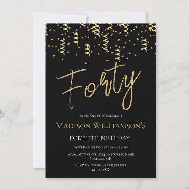 Black & Gold Forty Minimal 40th Birthday Party   Invitation (Front)