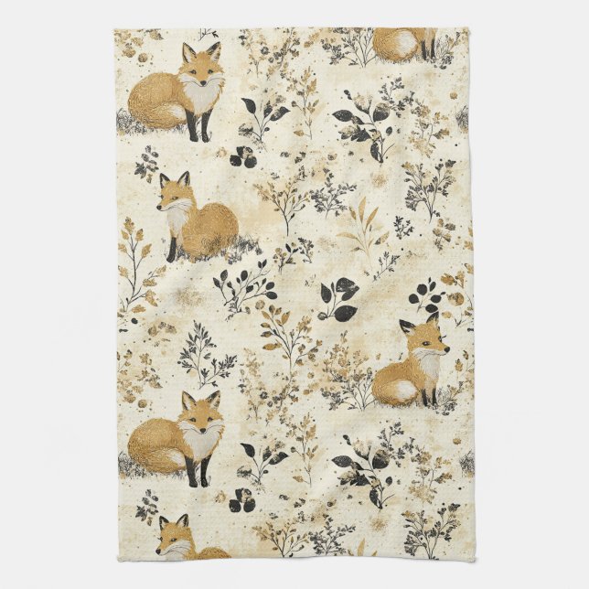 Black Gold Fox Arts Crafts Floral Pattern Kitchen Towel (Vertical)