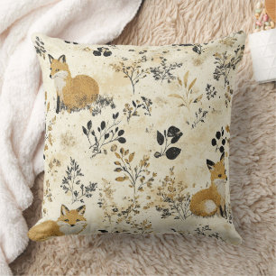 Black Gold Fox Arts Crafts Floral Pattern Throw Pillow