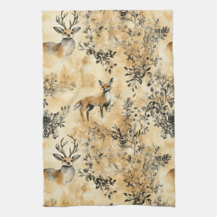 Black Gold Fox Botanical Victorian Pattern Kitchen Towel