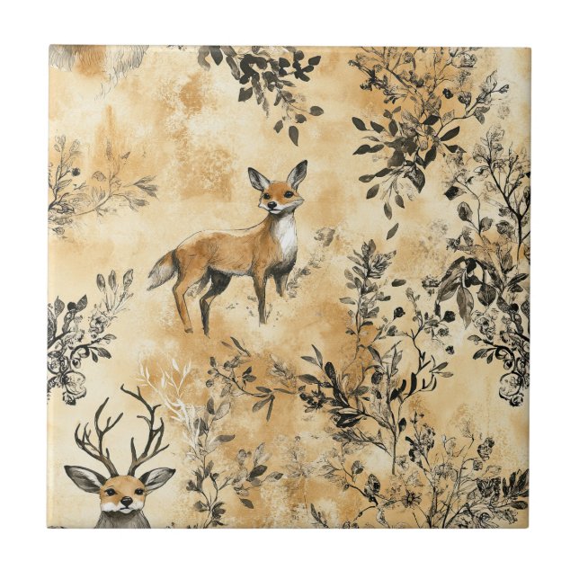 Black Gold Fox Botanical Victorian Pattern Tile (Front)