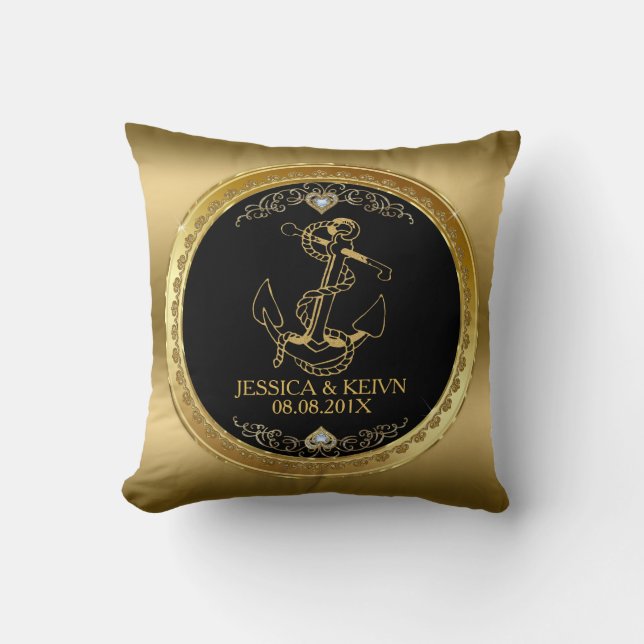 Black & Gold Frame & Nautical Boat Anchor Throw Pillow (Front)