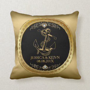 Black & Gold Frame & Nautical Boat Anchor Throw Pillow