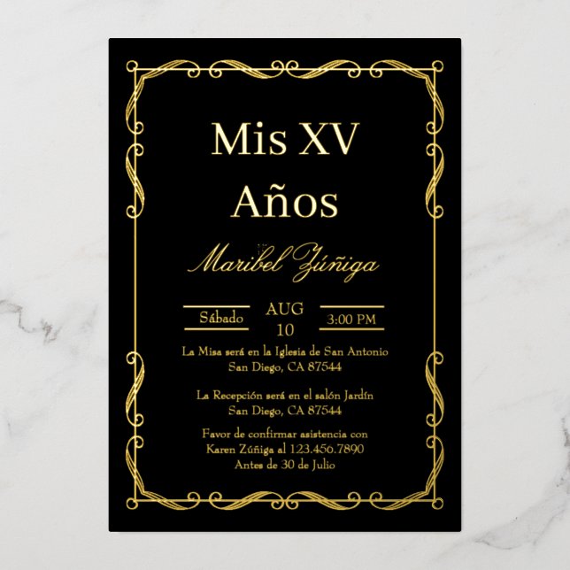 Black Gold frame Quinceanera invitation (Front)