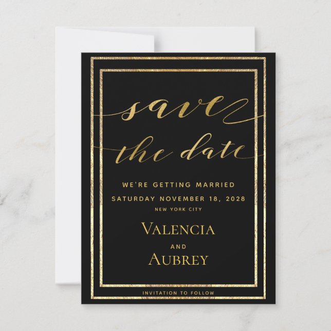 Black & Gold Frames Calligraphy Wedding Save The Date (Front)
