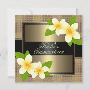 Black & Gold Frangipani Quinceañera Invitation