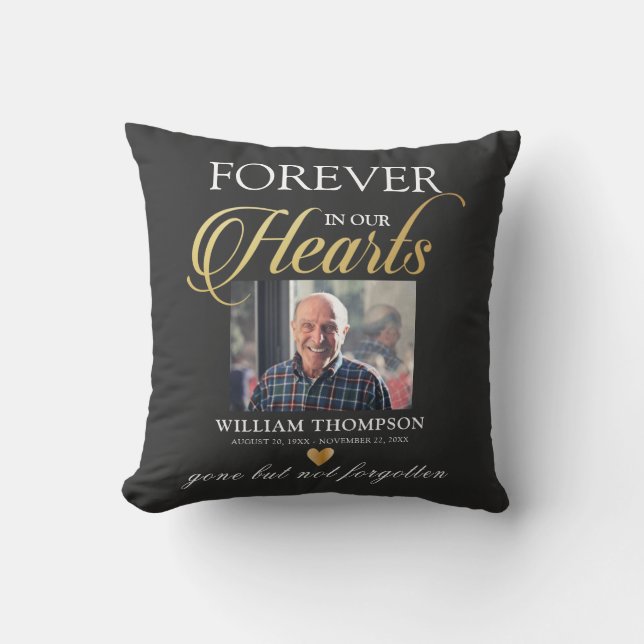 Black Gold Funeral Photo Memorial Throw Pillow (Front)