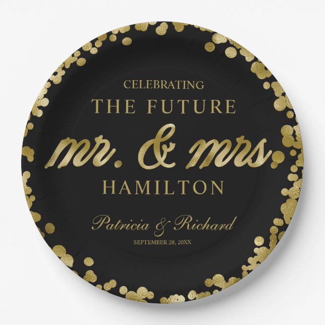 Black Gold Future Mr and Mrs Engagement Party Paper Plate (Front)