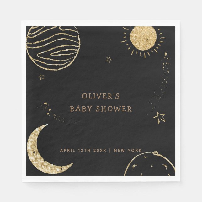 Black Gold Galaxy Moon Star Boy Baby Shower  Napkin (Front)