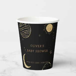 Black Gold Galaxy Moon Star Boy Baby Shower Paper Cups