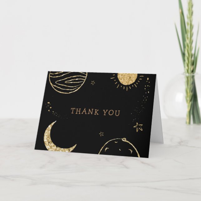 Black Gold Galaxy Moon Star Boy Baby Shower  Thank You Card (Front)