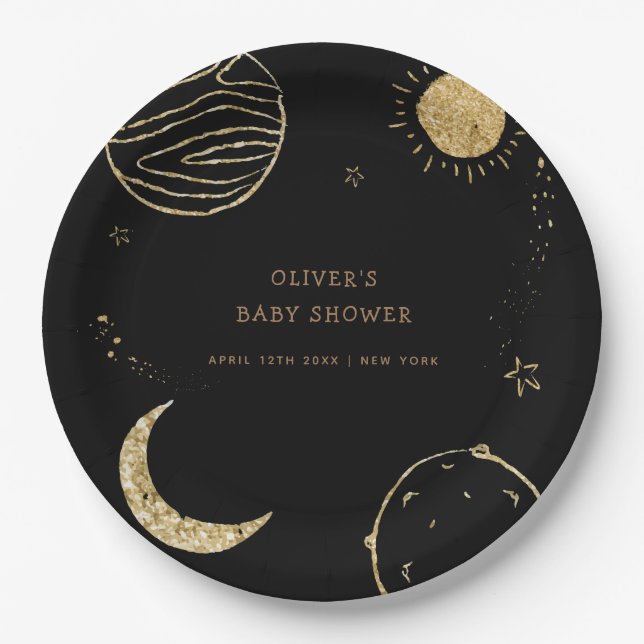 Black Gold Galaxy Outer Space Boy Baby Shower  Paper Plate (Front)