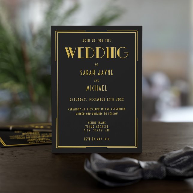 Black Gold Gatsby Deco Style Wedding Invitations (Add your details to this black and gold 1920s themed wedding invitation)