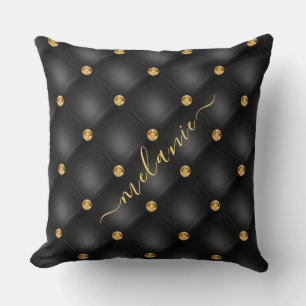 Black Gold Gemstone Tufted Pillow with Custom Name