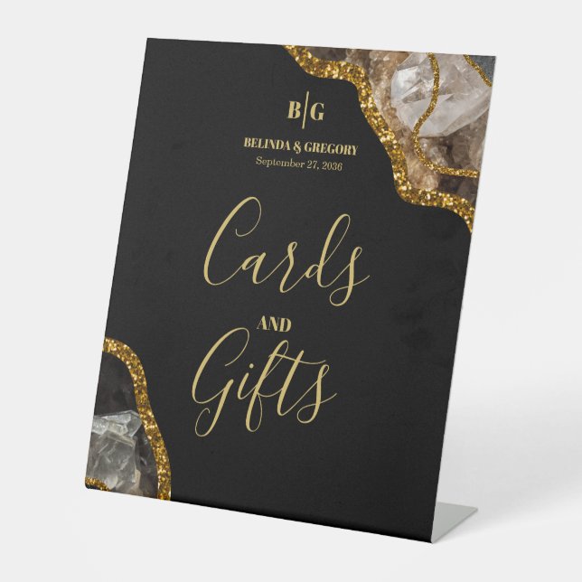 Black & Gold Geode Glitter Wedding Cards & Gifts Pedestal Sign (Front)