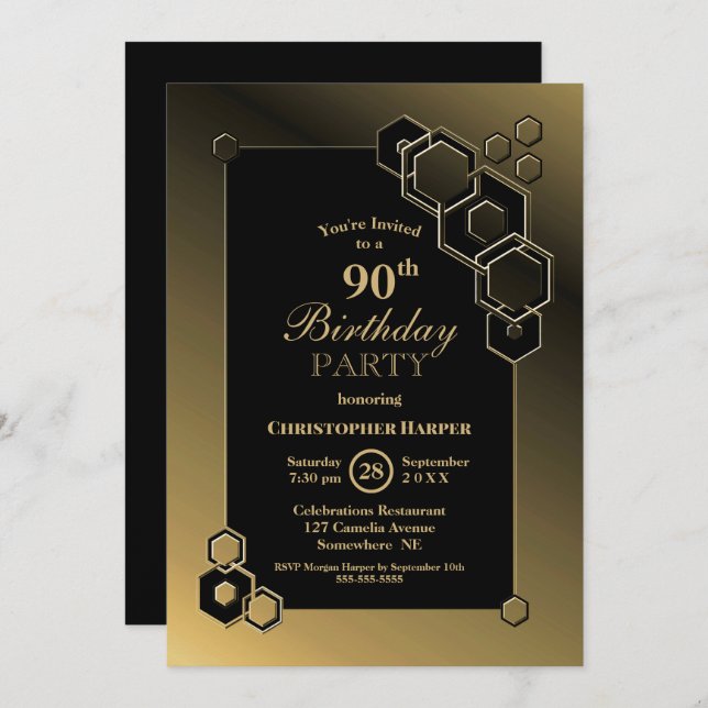 Black Gold Geometric 90th Birthday Party Invitation (Front/Back)