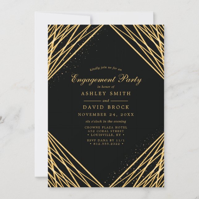 Black Gold Geometric Abstract Engagement Party Invitation (Front)