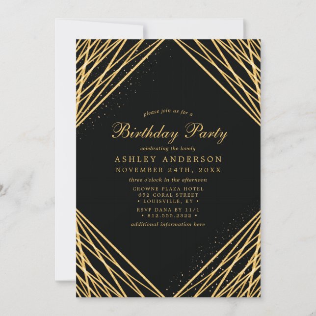Black Gold Geometric Abstract Lines Birthday Party Invitation (Front)