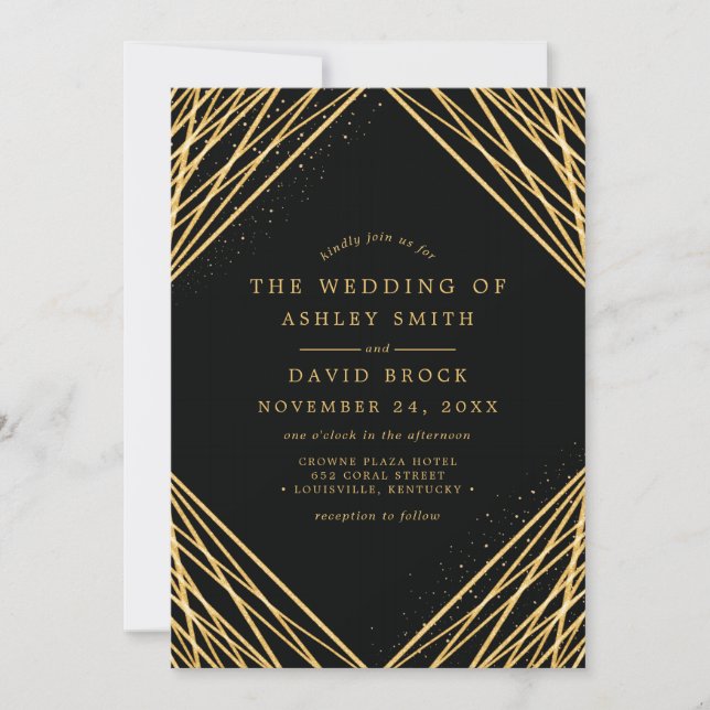Black Gold Geometric Abstract Lines Wedding Invitation (Front)