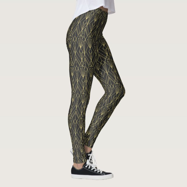 Black gold geometric art deco vintage pattern leggings (Right)