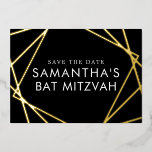 Black Gold Geometric Bat Mitzvah Save the Date<br><div class="desc">REAL foil Bat Mitzvah Save the Date Card with Modern Geometric Overlapping Squares in Gold,  Silver,  or Rose Gold Pink Foil on black and white background with your personalized photo on the back.</div>