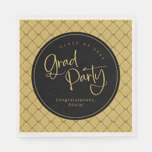 Black Gold Geometric Bow Pattern Grad Party Napkin (Front)