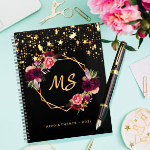 Black gold geometric burgundy floral monogram 2022 planner
