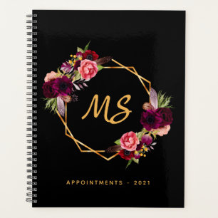 Black gold geometric burgundy floral monogram 2025 planner