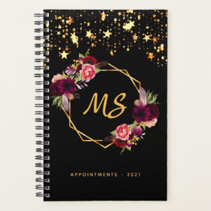 Black gold geometric burgundy floral monogram 2025 planner