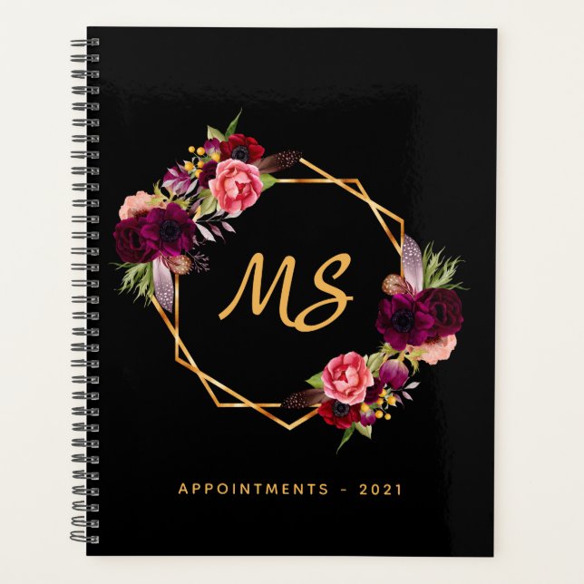 Black gold geometric burgundy floral monogram 2026 planner (Front)