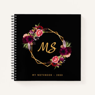 Black gold geometric burgundy floral monogram chic notebook