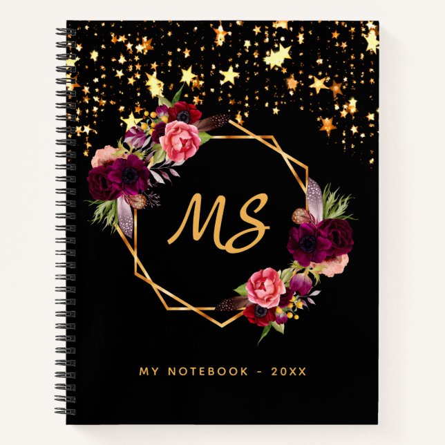 Black gold geometric burgundy floral monogram chic notebook (Front)
