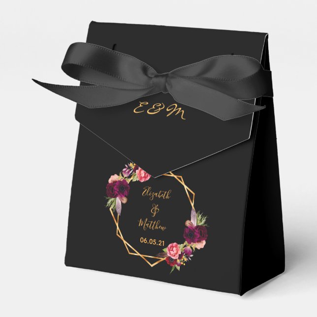 Black gold geometric burgundy florals wedding favor box (Front Side)