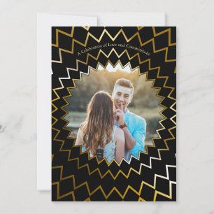 Black & Gold Geometric Starburst Photo Wedding Invitation