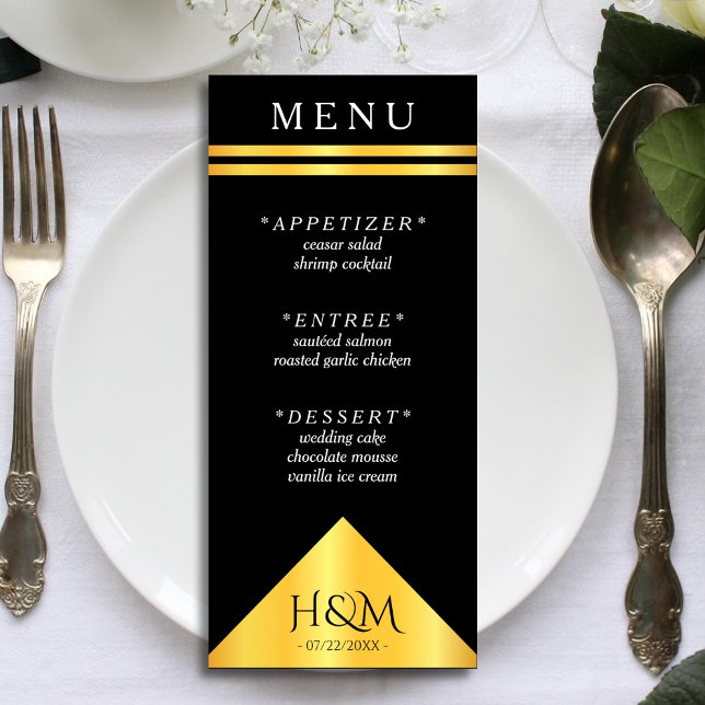 Black & Gold Geometric Stripe Wedding Reception Menu (black and gold wedding menu)