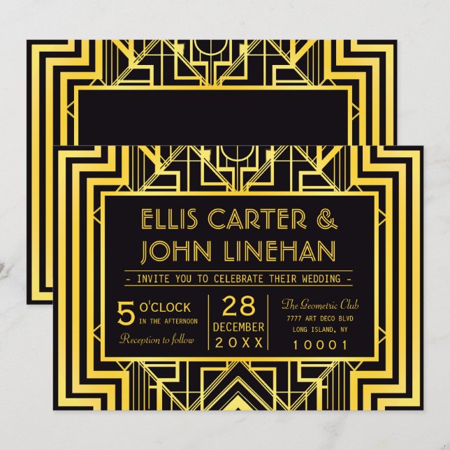 Black & Gold Geometric Wedding Invitations (Front/Back)