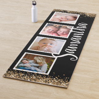 Black gold giltter photo collage custom name yoga mat