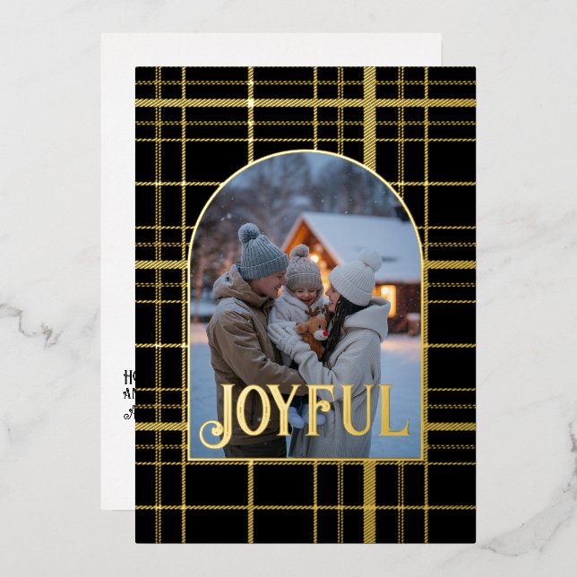 Black & Gold Gingham Christmas Holiday Photo (Front/Back)