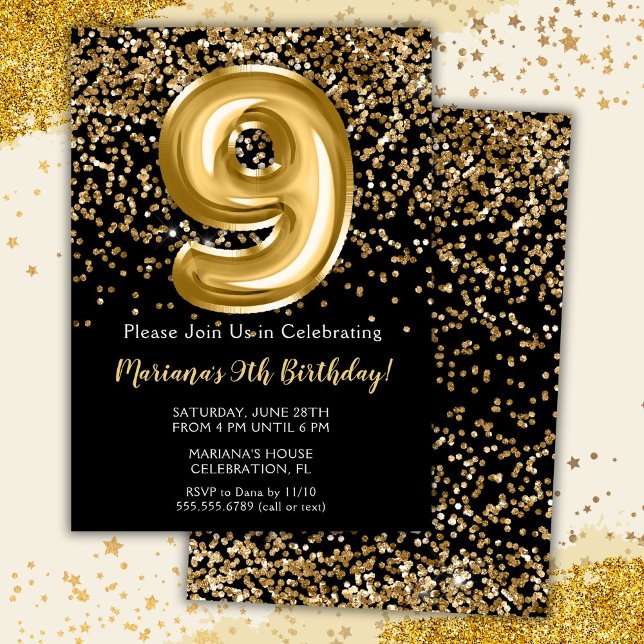 Black Gold Girl 9th Birthday Party Invitation (Créateur téléchargé)