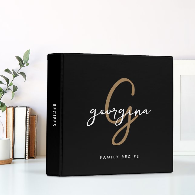 Black Gold Girly Chic Script Monogram Recipe Binder (Creator Uploaded)