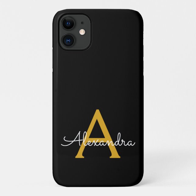 Black Gold Girly Script Monogram Name Modern Case-Mate iPhone Case (Back)