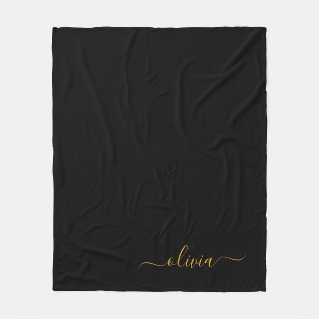 Black Gold Girly Script Monogram Name Modern Fleece Blanket (Front)