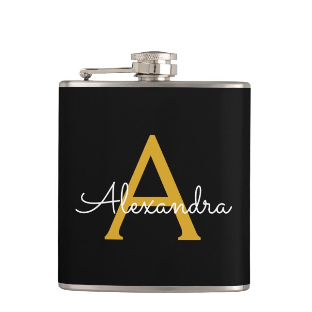 Black Gold Girly Script Monogram Name Modern Hip Flask (Front)