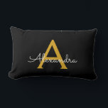 Black Gold Girly Script Monogram Name Modern Lumbar Pillow<br><div class="desc">Gold and Black Monogram Add Your Own Name Lumbar Pillow. This makes the perfect sweet 16 birthday,  wedding,  bridal shower,  anniversary,  baby shower or bachelorette party gift for someone that loves glam luxury and chic styles.</div>
