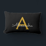 Black Gold Girly Script Monogram Name Modern Lumbar Pillow<br><div class="desc">Gold and Black Monogram Add Your Own Name Lumbar Pillow. This makes the perfect sweet 16 birthday,  wedding,  bridal shower,  anniversary,  baby shower or bachelorette party gift for someone that loves glam luxury and chic styles.</div>