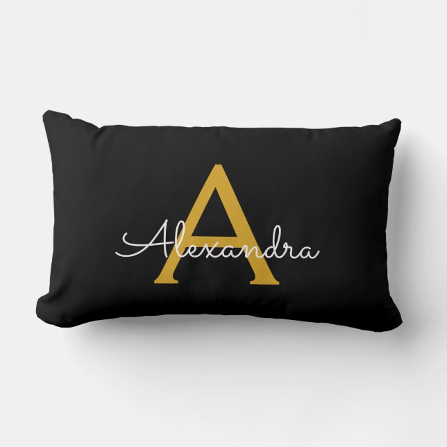 Black Gold Girly Script Monogram Name Modern Lumbar Pillow (Front)
